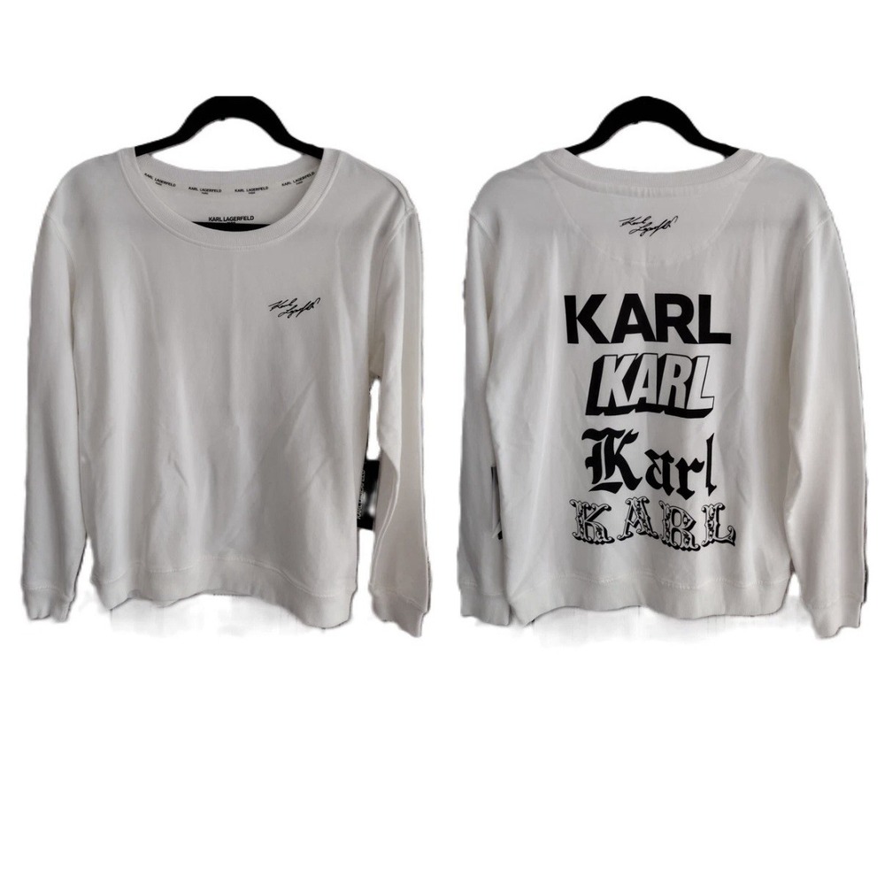 Karl Lagerfeld White Black SPELL-OUT Newspaper Graphic Logo Sweatshirt Size M